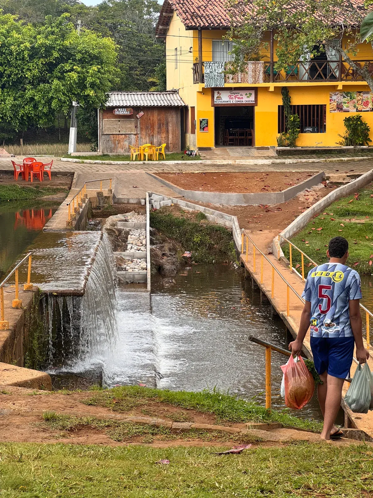 The river with the yellow house behind